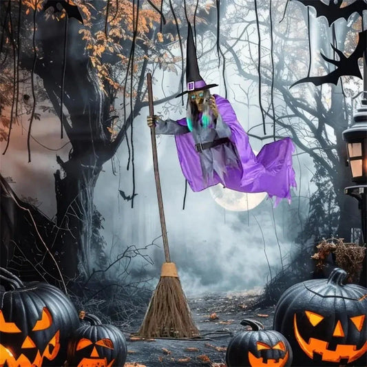 Captivating 6-foot-tall floating witch decoration with lifelike face and dramatic purple skirt, perfect for spooky Halloween displays