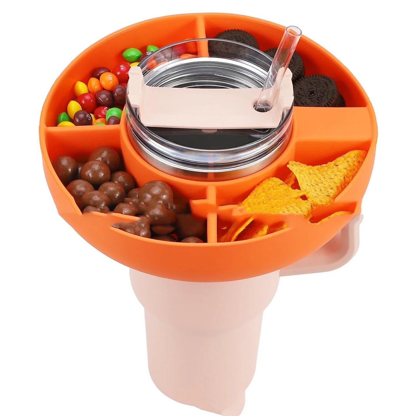 Silicone snack tray with four compartments designed to fit 40 oz tumblers, available in various colors