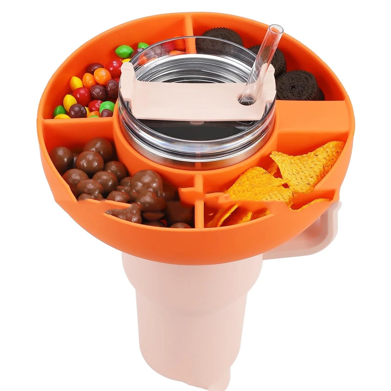 Silicone snack tray with four compartments designed to fit 40 oz tumblers, available in various colors