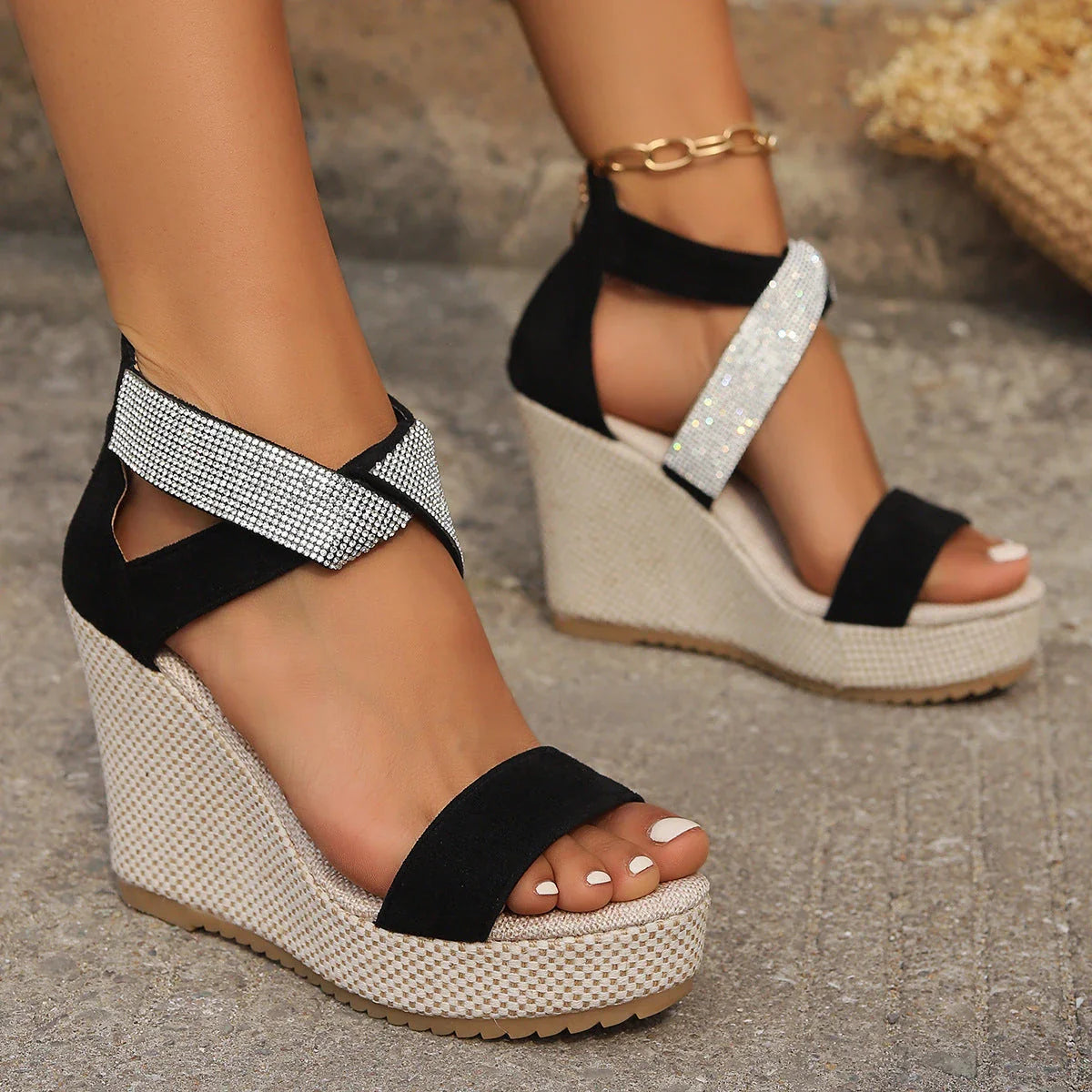 Women's fashionable wedge sandals with rhinestone embellishment and a unique fish-mouth design
