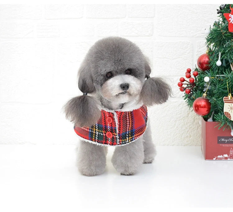 Christmas red check dog sweater with suede lining for winter warmth