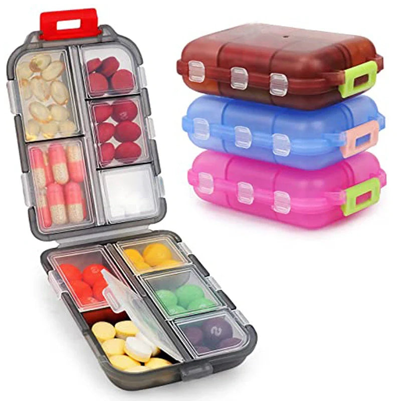 10-grid moisture-proof travel pill organizer in various colours for secure medication storage