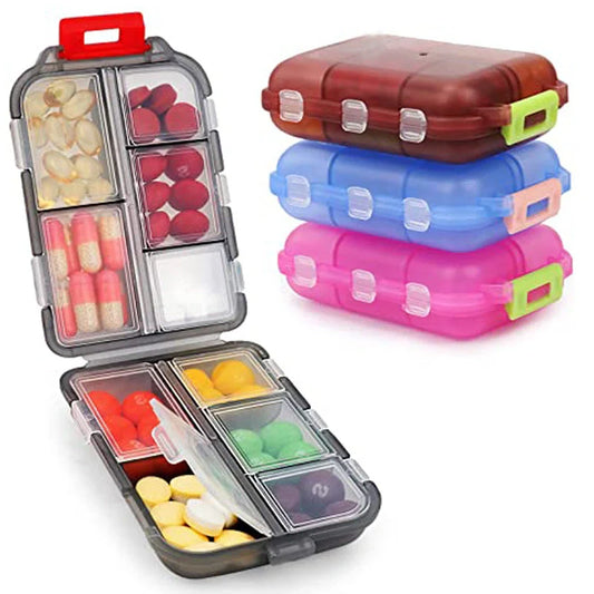 10-grid moisture-proof travel pill organizer in various colours for secure medication storage