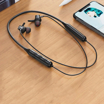 Wireless Bluetooth sports headphones with magnetic necklace design for secure, hands-free wear and superior sound quality