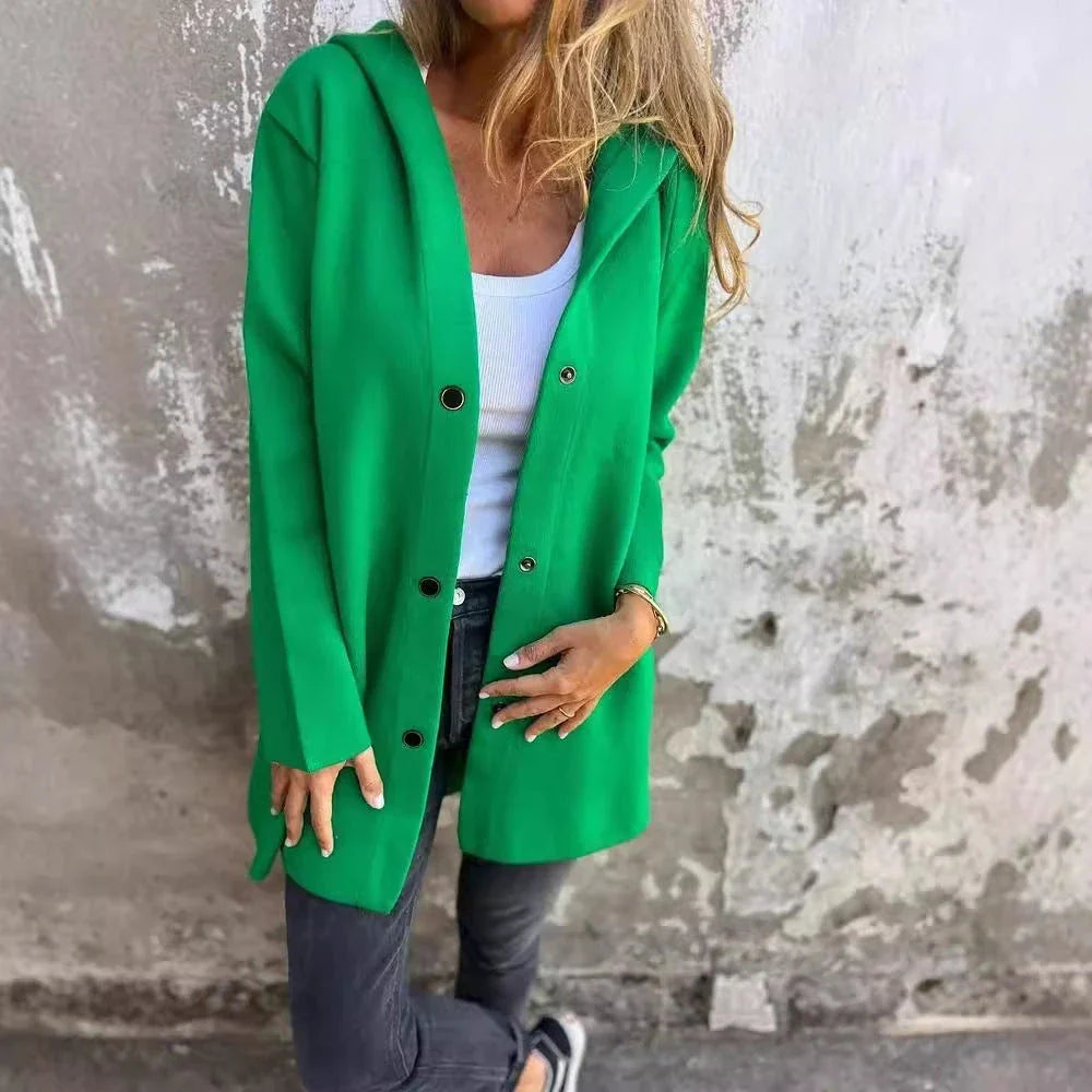 A stylish hooded cardigan jacket in various colors, featuring a single-breasted design and adjustable hood for versatile fashion.