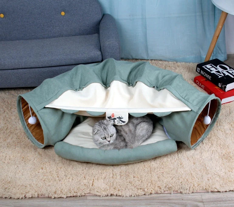 Collapsible cat tunnel with mat for interactive play and rest, available in multiple colours