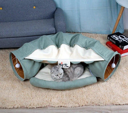 Collapsible cat tunnel with mat for interactive play and rest, available in multiple colours