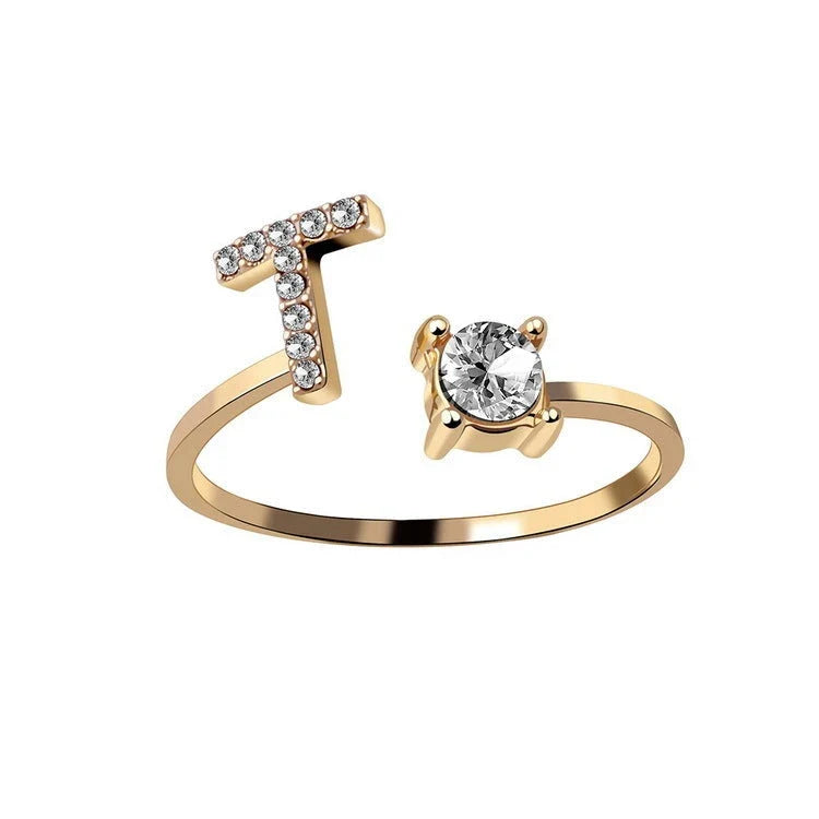 Customizable adjustable ring with 26 letters for women, featuring zircon stones and copper alloy construction