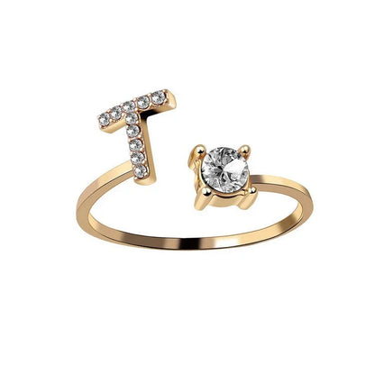 Customizable adjustable ring with 26 letters for women, featuring zircon stones and copper alloy construction