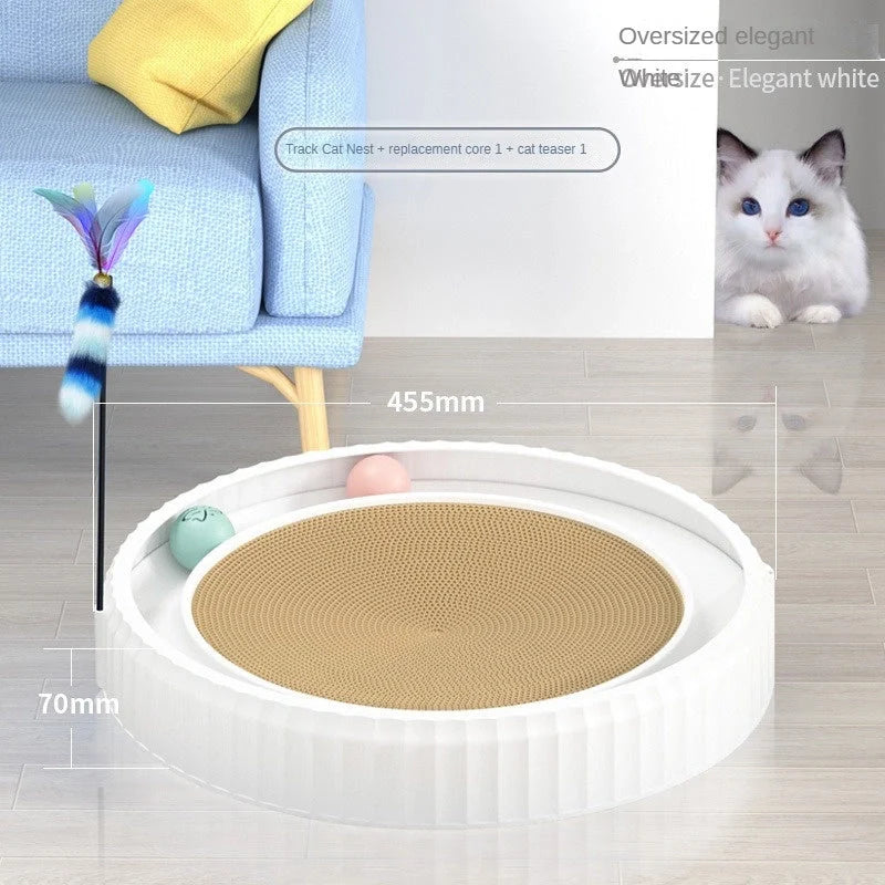 Round cat scratching board with toy ball, protects furniture from scratches