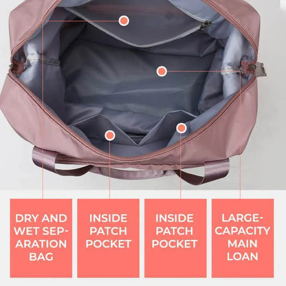 Expandable travel duffel bag with adjustable shoulder strap, multiple interior pockets, and water-resistant Oxford cloth material