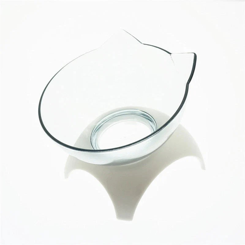 Elevated tilted pet bowl with non-slip stand in transparent, white, and black color options