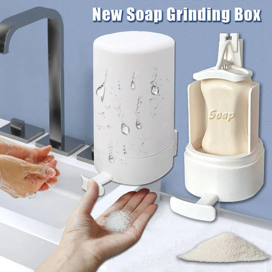 Wall-mounted soap grinder dispenser with adjustable powder output in white