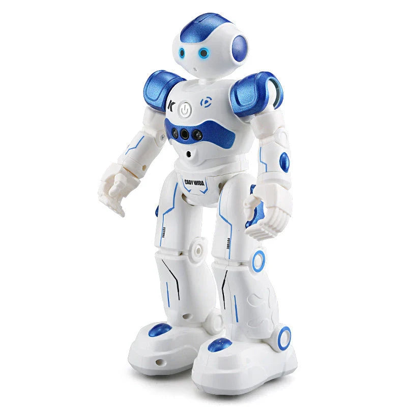 Remote-controlled dancing robot toy with gesture-sensing controls, preprogrammed songs and dances, and customizable programming capabilities