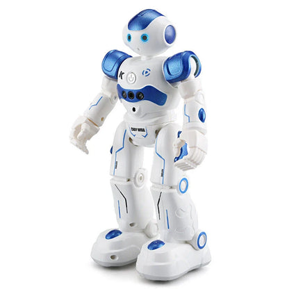 Remote-controlled dancing robot toy with gesture-sensing controls, preprogrammed songs and dances, and customizable programming capabilities
