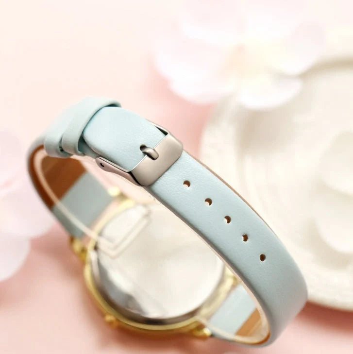 Rose gold quartz wrist watch with leather strap for women