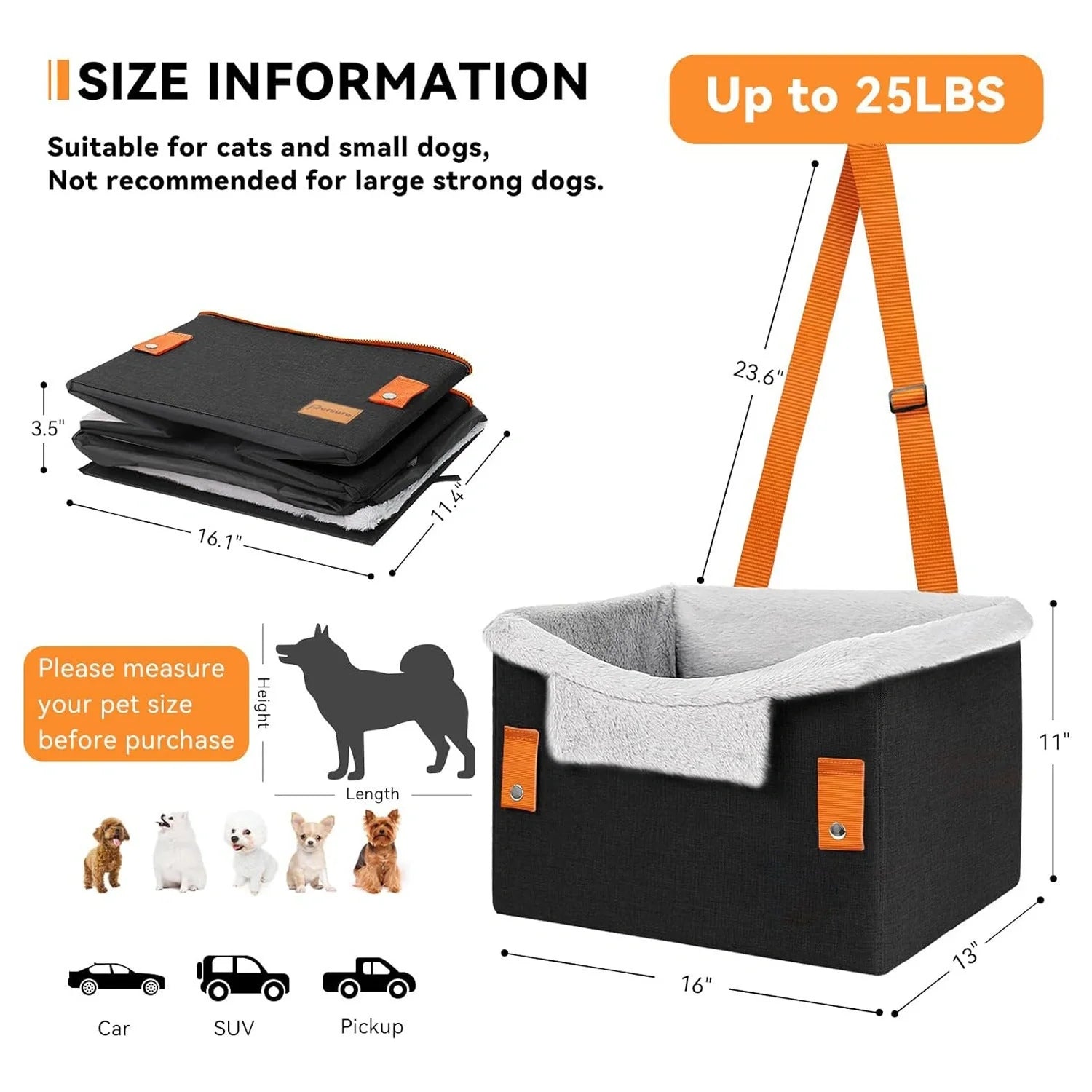 Portable dog booster seat with safety leash for small pets in car