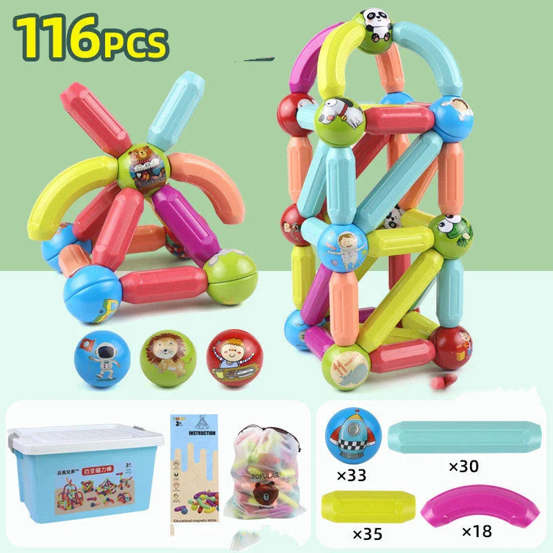 Versatile magnetic construction set with various building blocks and rods, allowing children to create imaginative structures and models