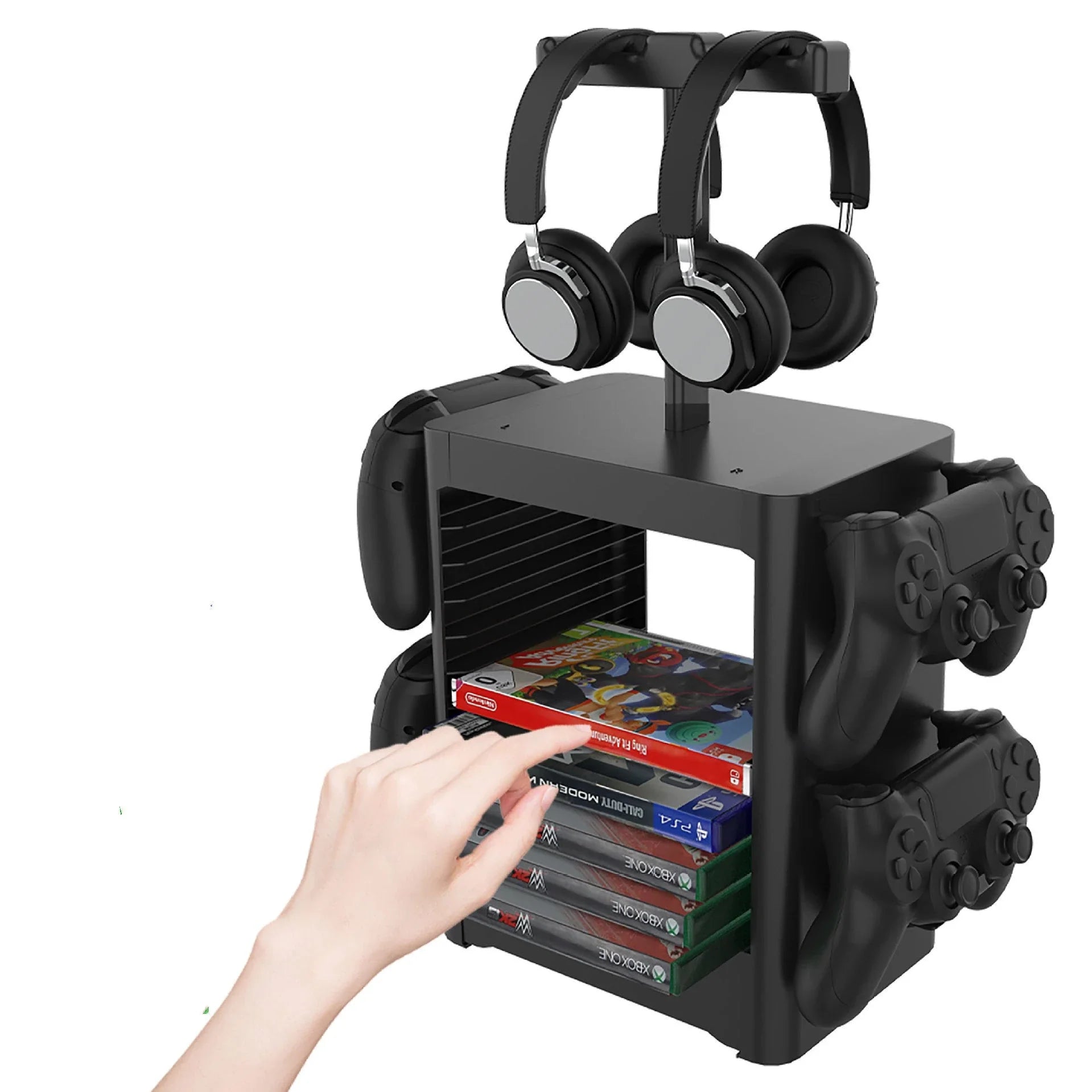 Premium gaming accessory stand with multiple storage compartments for headphones, controllers, and other console essentials