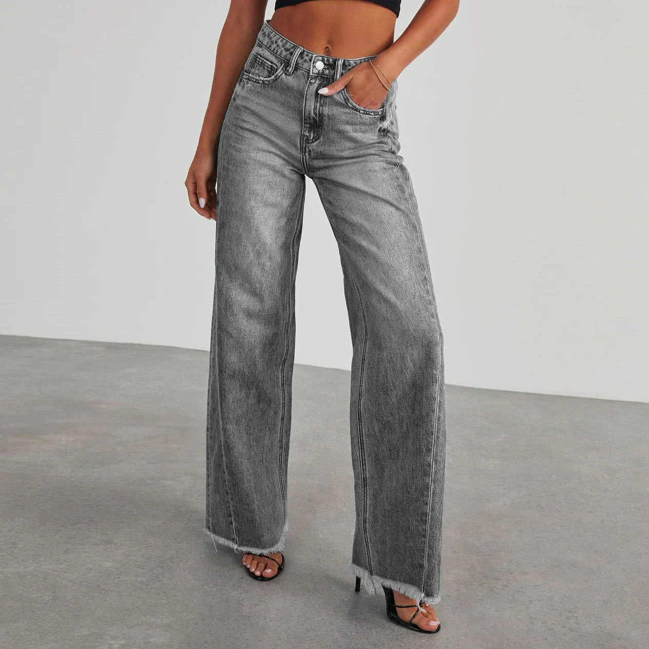 High-rise jeans with pockets, comfortable slim-fit straight leg pants for women in various colors
