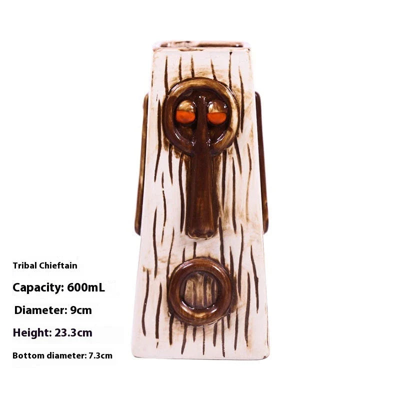 A ceramic tiki mug with a 3D decorative face, perfect for tropical cocktails, smoothies, and other chilled beverages.