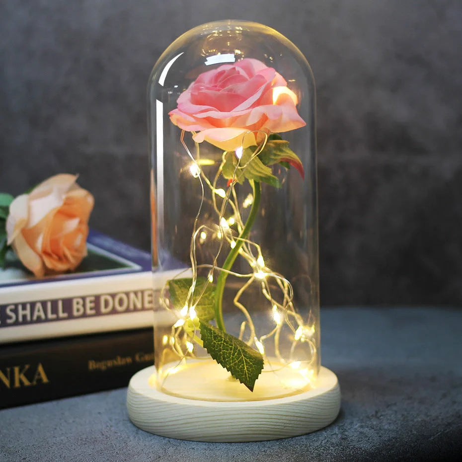 Enchanted Forever Rose in Glass LED Light decoration with realistic rose and wooden base