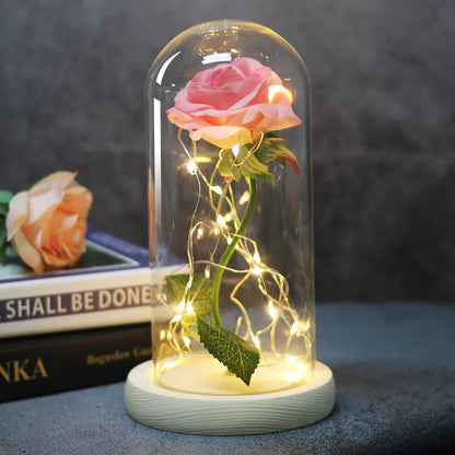 Enchanted Forever Rose in Glass LED Light decoration with realistic rose and wooden base
