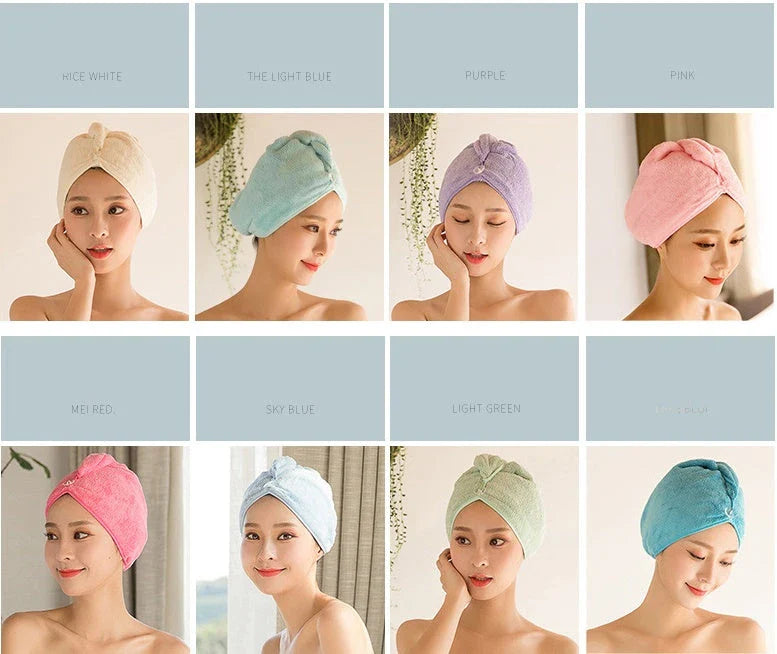 Luxury microfibre hair drying cap with absorbent and quick-drying properties, available in various colours