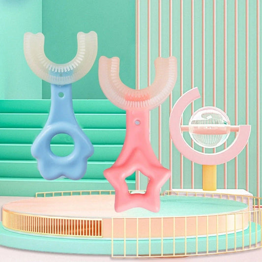 U-shaped baby toothbrush in yellow, pink, and blue, soft silicone for gentle oral care