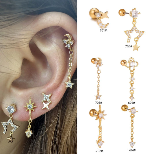 Star and Moon Cubic Zirconia Stainless Steel Cartilage Earring in gold and white K