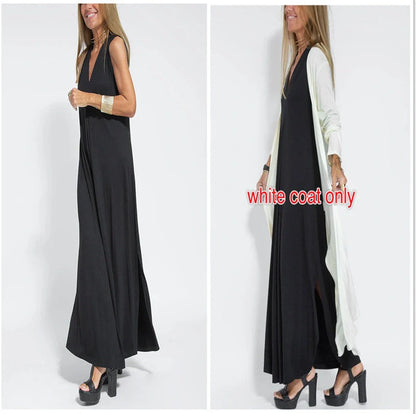 Stylish Women's V-neck Sleeveless Dress with Long Cardigan in various colors