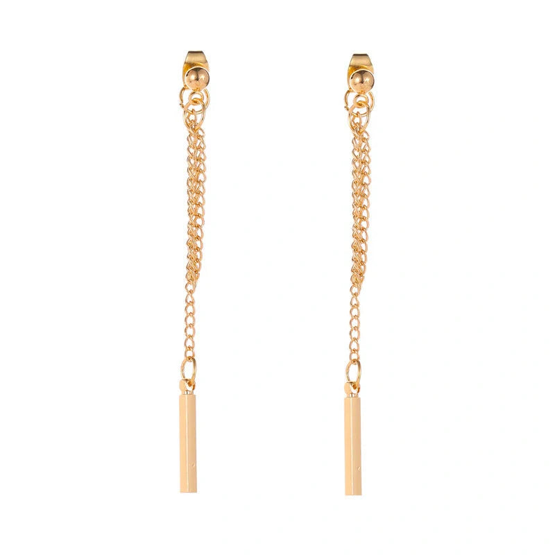 Elegant tasseled stud earrings featuring a contemporary geometric design in silver, gold, and 925 sterling silver finishes