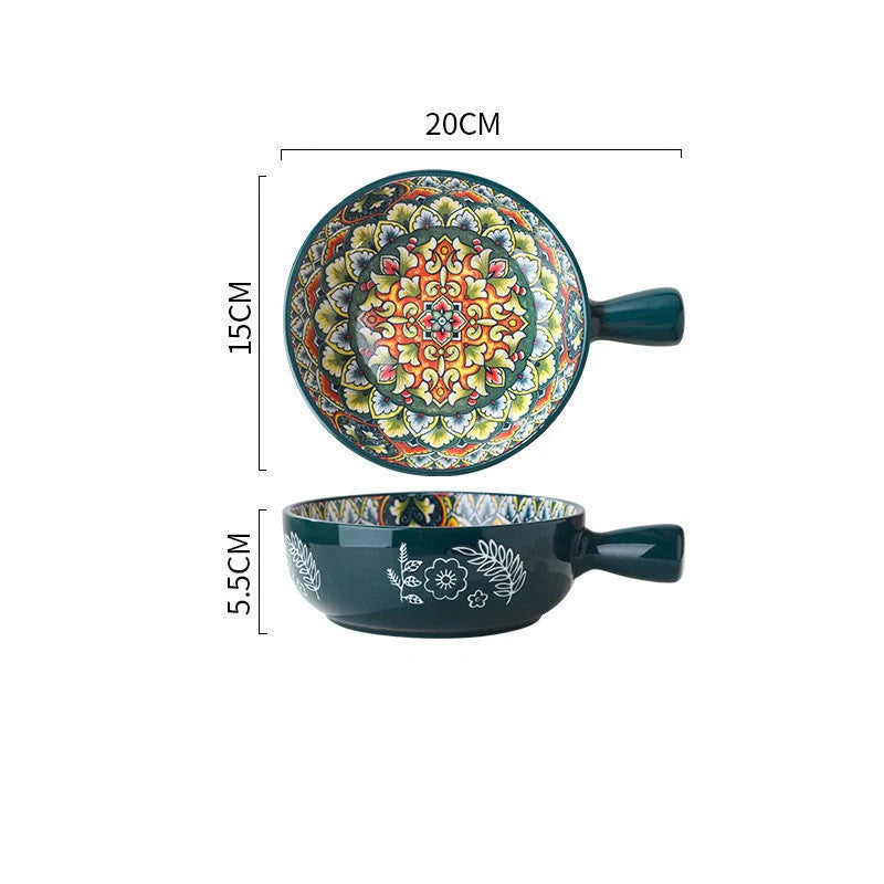 Set of elegant ceramic dessert bowls featuring hand-painted floral patterns in blue, red, and green glazes