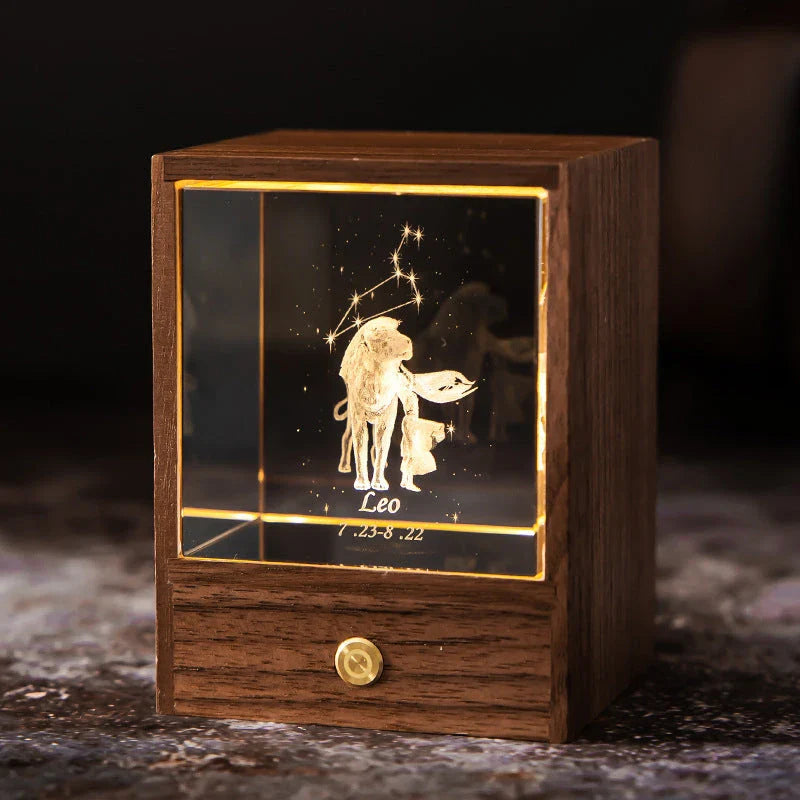 Constellation LED Table Lamp with black walnut base and 3D crystal ball, creating a starry night effect in the bedroom