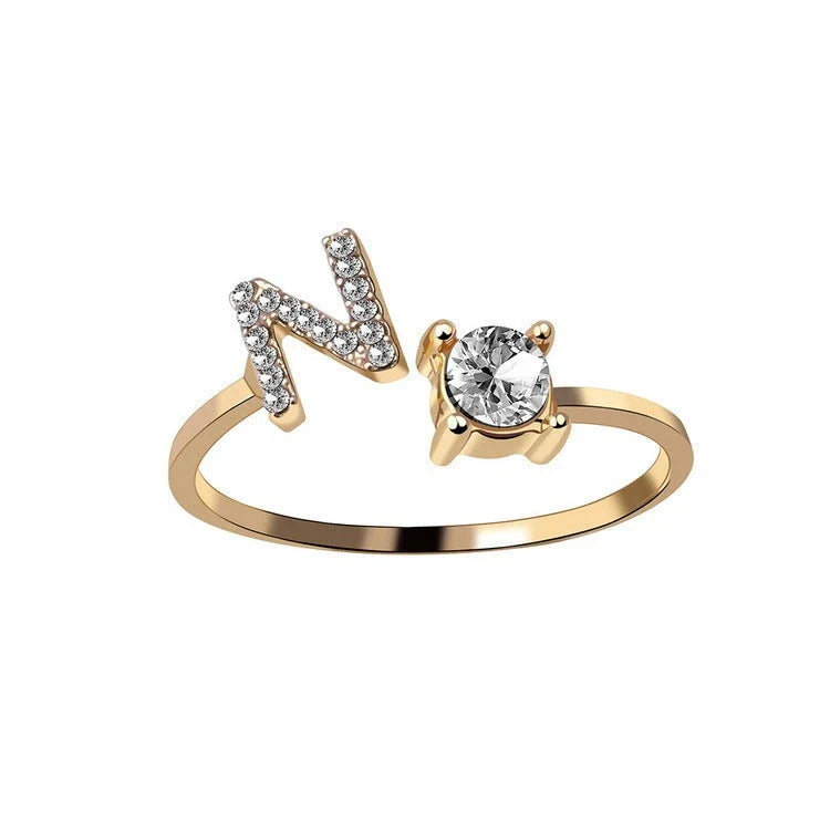 Customizable adjustable ring with 26 letters for women, featuring zircon stones and copper alloy construction