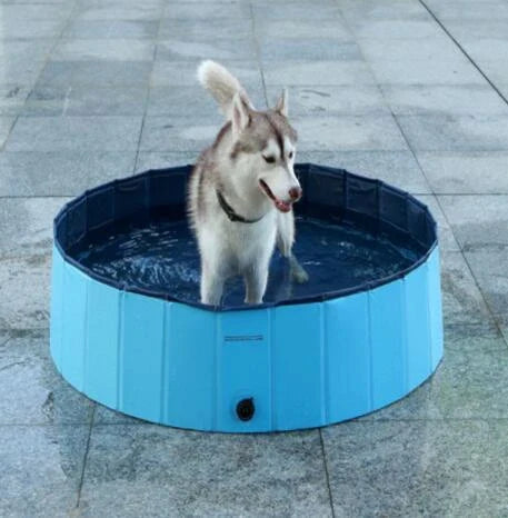 Durable foldable dog swimming pool made of sturdy PVC and plastic, featuring a non-slip bottom for safe play and bathing.