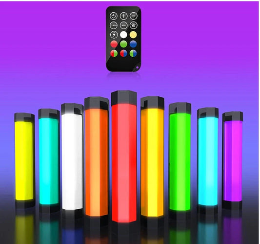 Vibrant LED photography lighting wand with wireless remote control, offering customizable color and brightness for creative lighting solutions