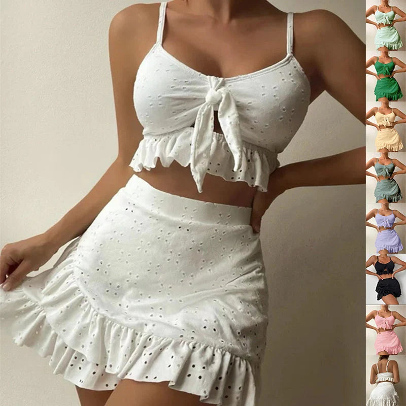 3-piece beach bikini set with hip-hugging skirt and ruffle design in various colours