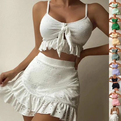 3-piece beach bikini set with hip-hugging skirt and ruffle design in various colours