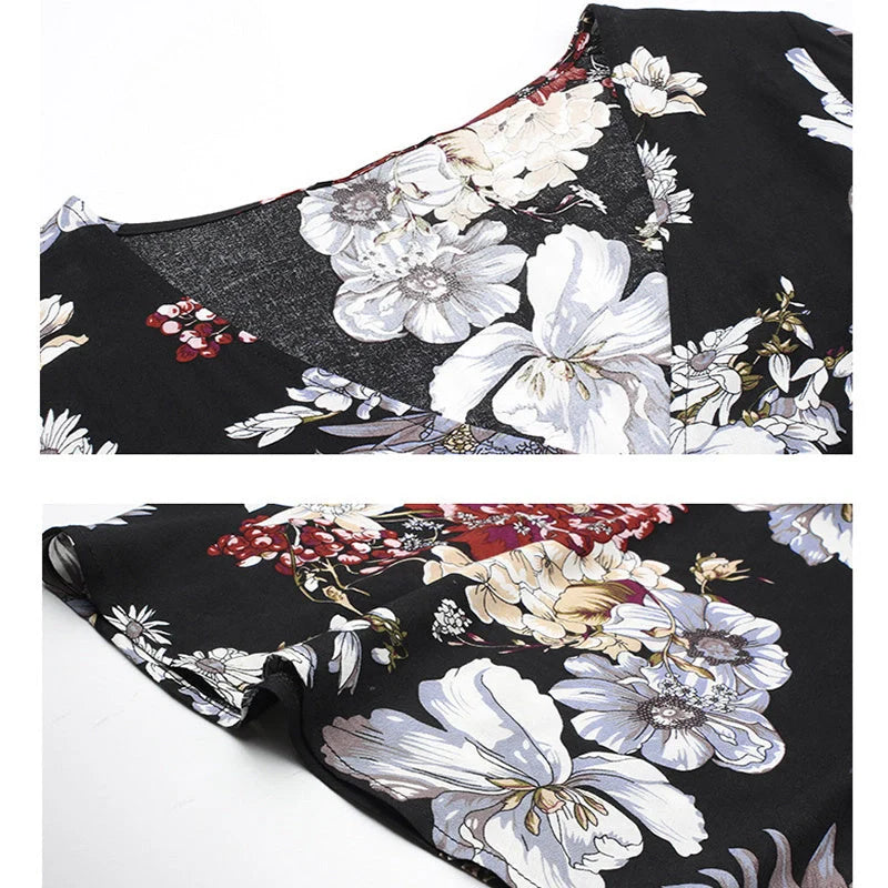 Floral summer beach dress with V-neck and elastic waist for women