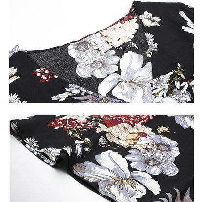 Floral summer beach dress with V-neck and elastic waist for women