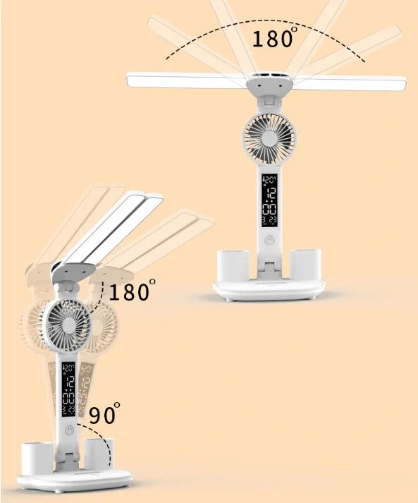 Foldable LED desk lamp with fan, thermometer, and pen holder on a tidy desk