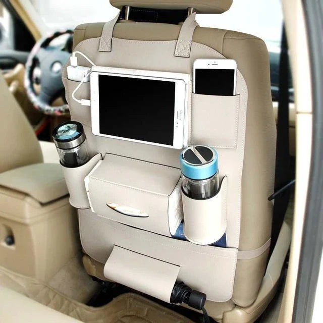 Premium leather car seat organisers with ample storage space for drinks, phones, pens, and other essentials, designed for UK drivers