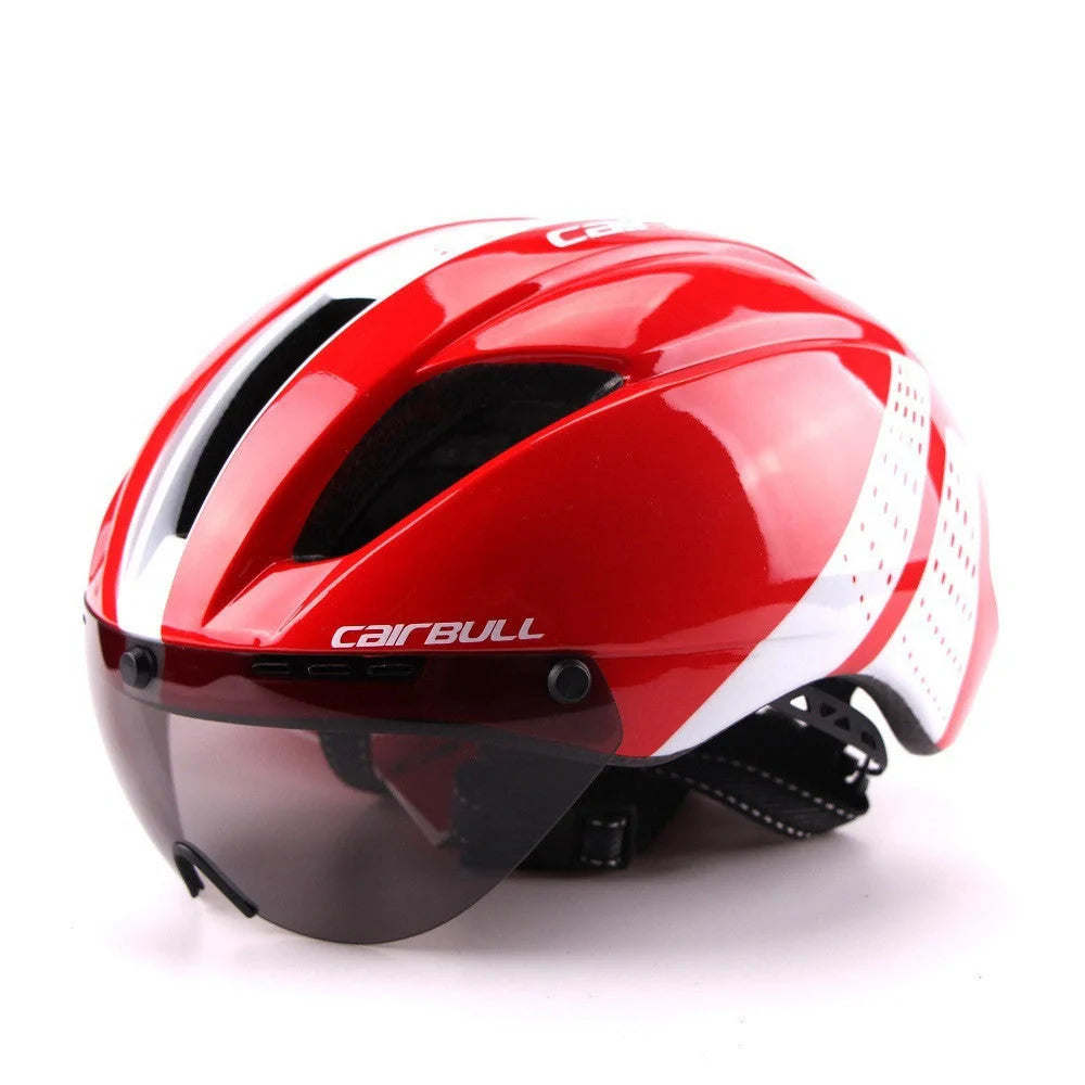 Aero cycling helmet with magnetic lens and adjustable fit for competitive cyclists