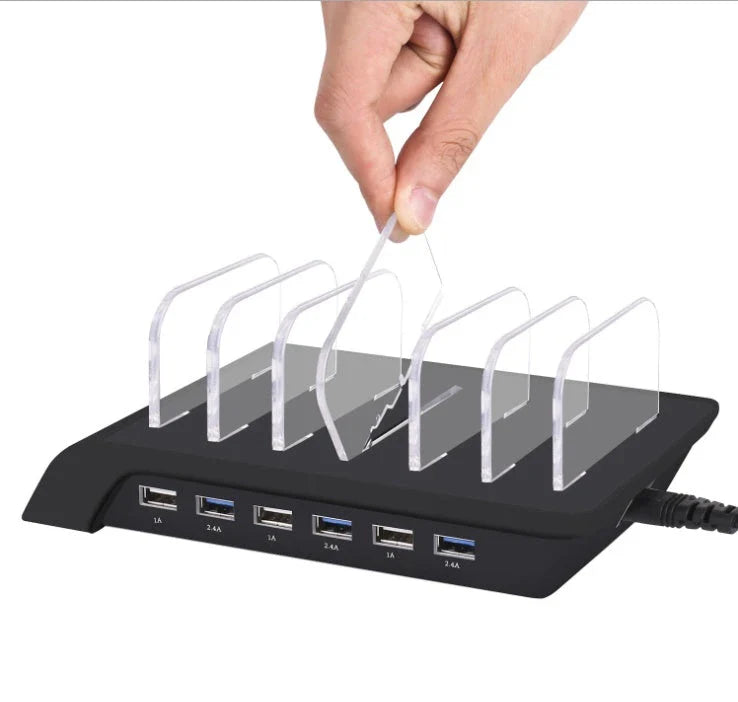 Premium 6-port USB charging hub with intelligent fast charging and charging status reminder, designed for UK smartphone users