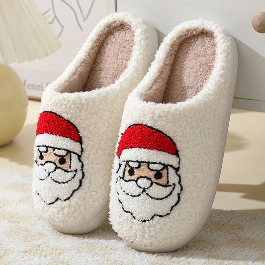 Cozy Christmas slippers in festive designs like Santa Claus, Moose, and Gingerbread Man, featuring plush lining and durable soles