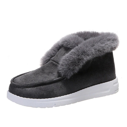 Warm plush ankle boots with suede uppers and artificial fur lining, available in black, grey, and brown colors.