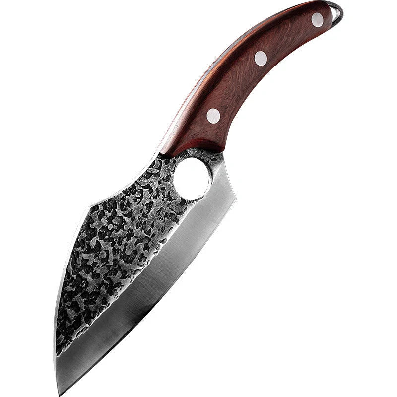 Premium forged picnic knife with leather sheath and solid wood handle