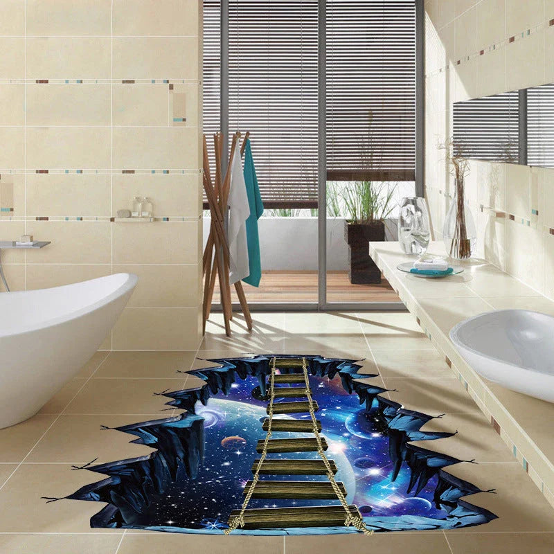 Vibrant 3D wall sticker featuring a creative cosmic design with planets, suspension bridge, and space elements
