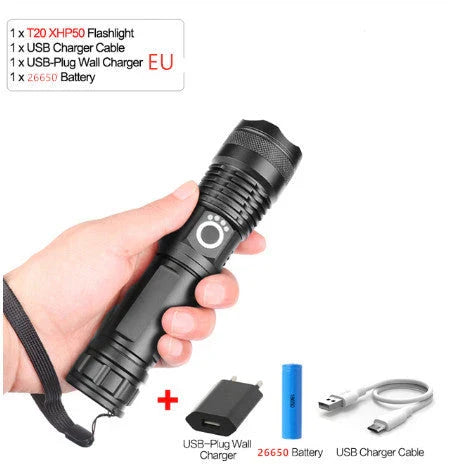 A durable, waterproof USB rechargeable flashlight with adjustable zoom and powerful LED light.